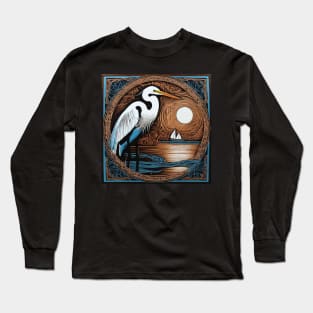 Egret With Sunset and Sailboat Long Sleeve T-Shirt
